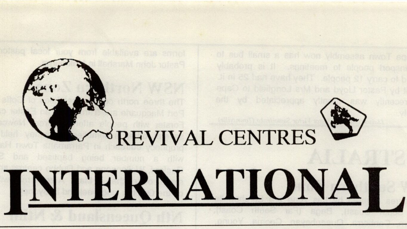 Old printed Revival Centres International header featuring a globe, a cut-out of Australia, and the geometric inset of a horse and rider with a trumpet.