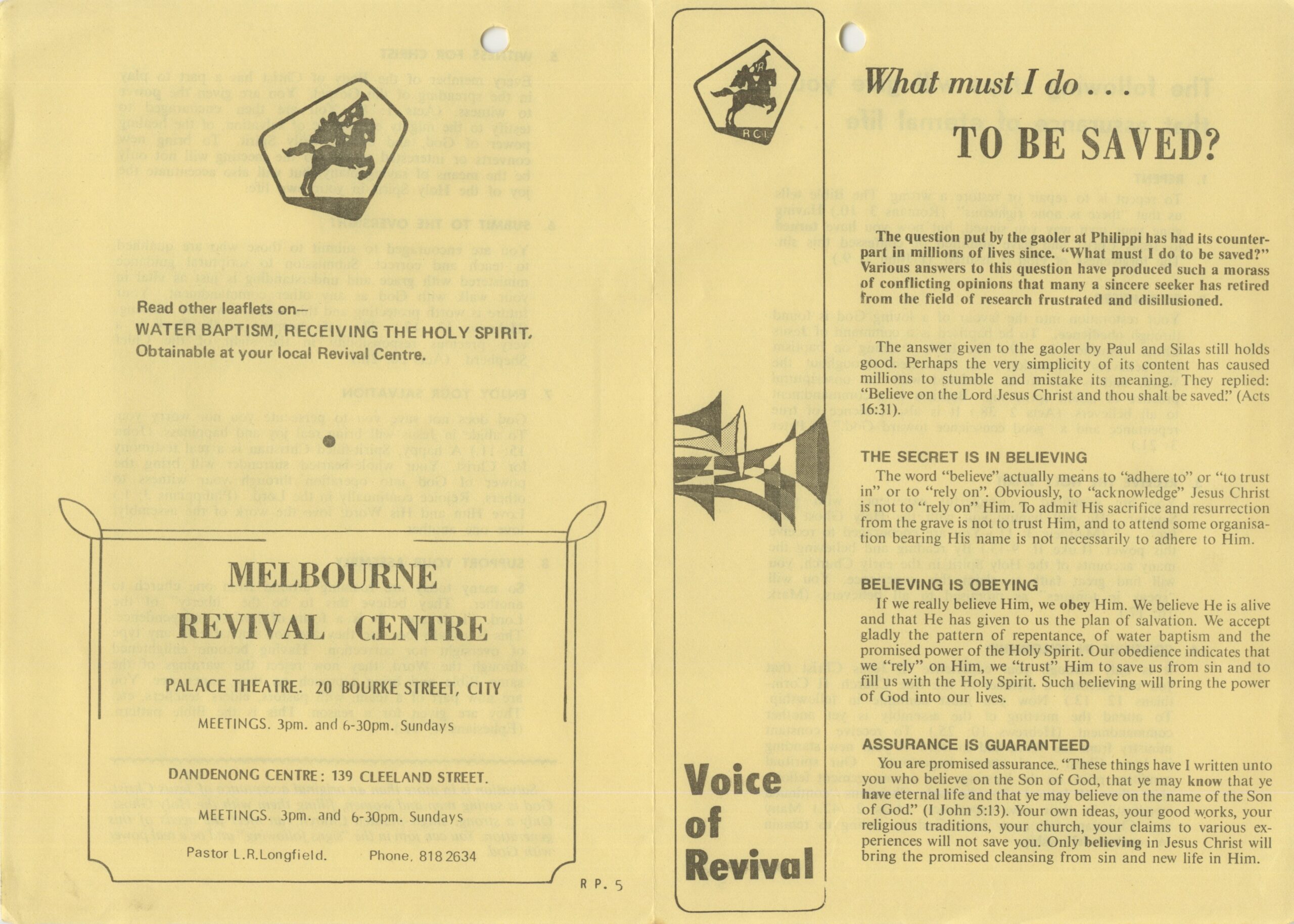 Front and back cover of an old pale yellow Revival Centres booklet entitled "What must I do to be saved?"