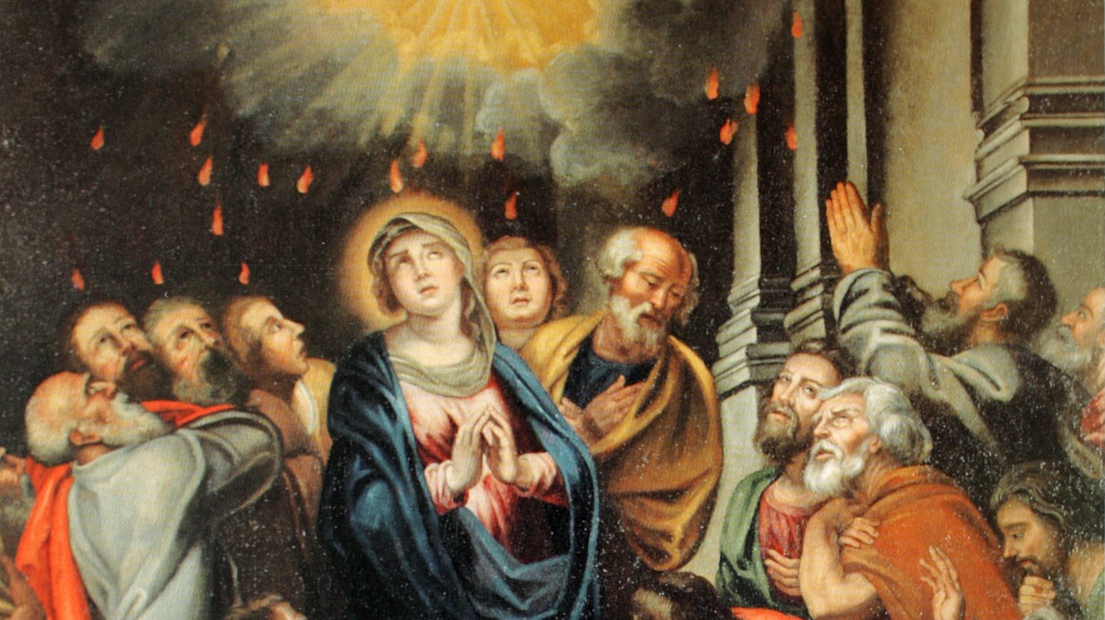 Painting of people flummoxed to see little flames descending on them from Heaven.