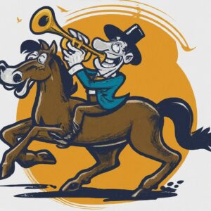 Cartoon image of a man riding a horse and playing a trumpet.